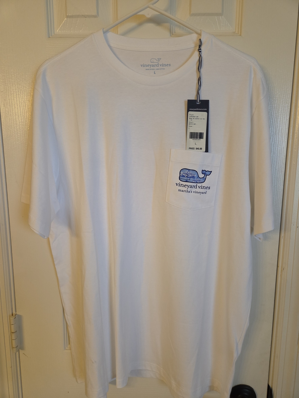 Vineyard Vines White Pocket Tee with Blue Whale Logo